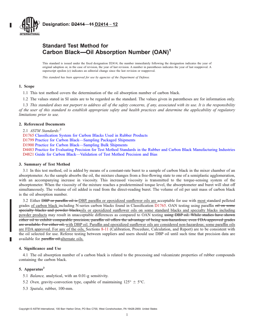 REDLINE ASTM D2414-12 - Standard Test Method for  Carbon Black&mdash;Oil Absorption Number (OAN)