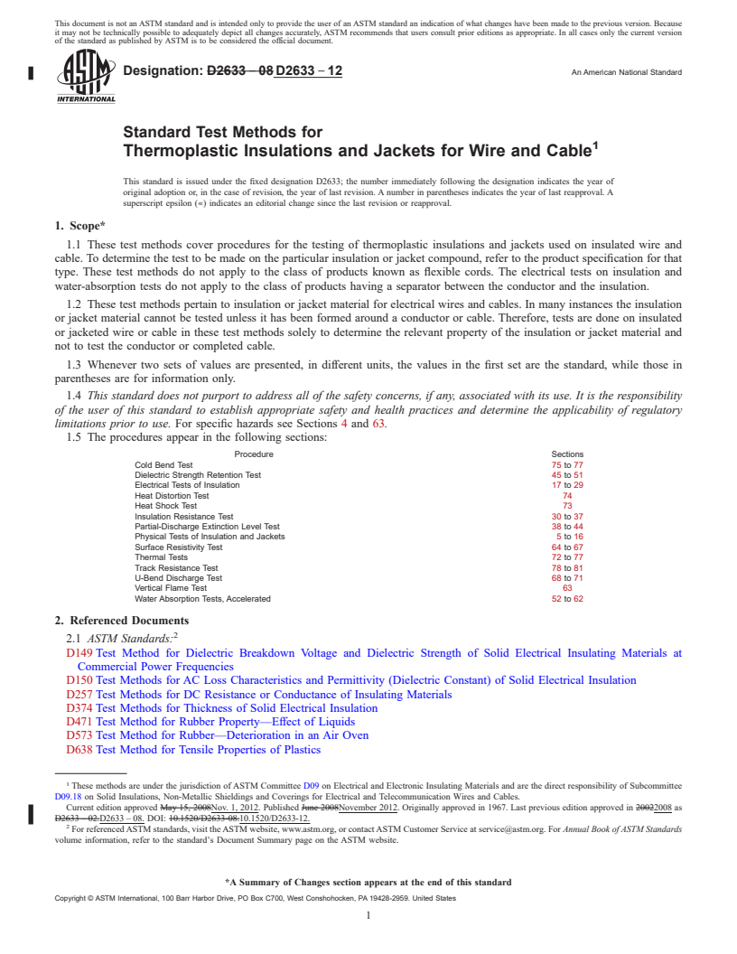 REDLINE ASTM D2633-12 - Standard Test Methods for  Thermoplastic Insulations and Jackets for Wire and Cable