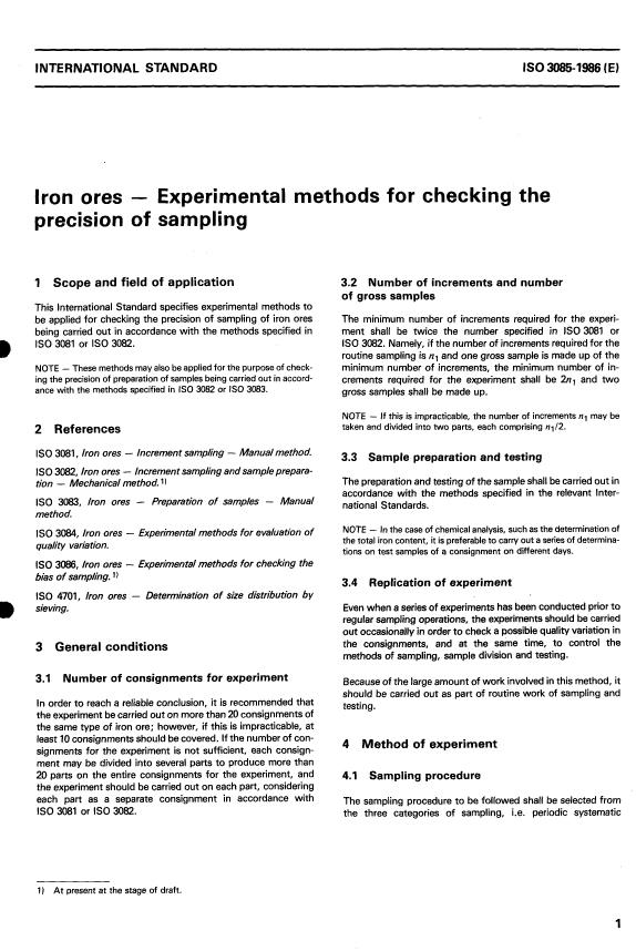 ISO 3085:1986 - Iron ores -- Experimental methods for checking the precision of sampling