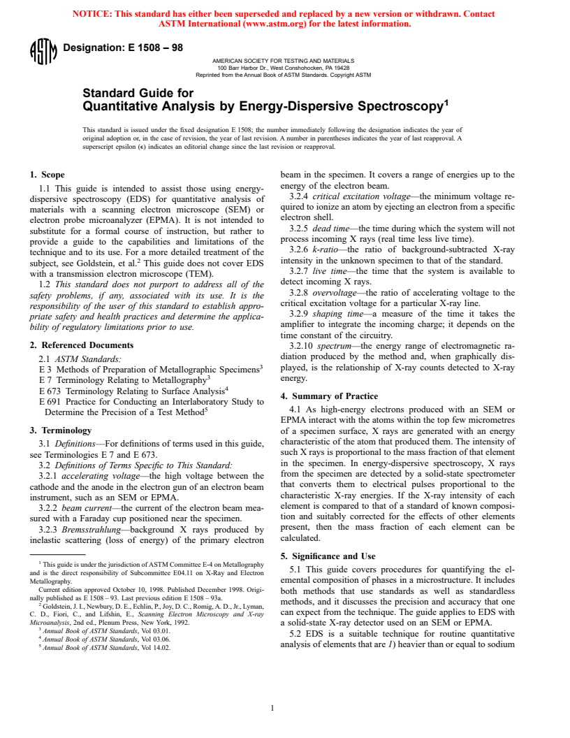 ASTM E1508-98 - Standard Guide for Quantitative Analysis by Energy-Dispersive Spectroscopy