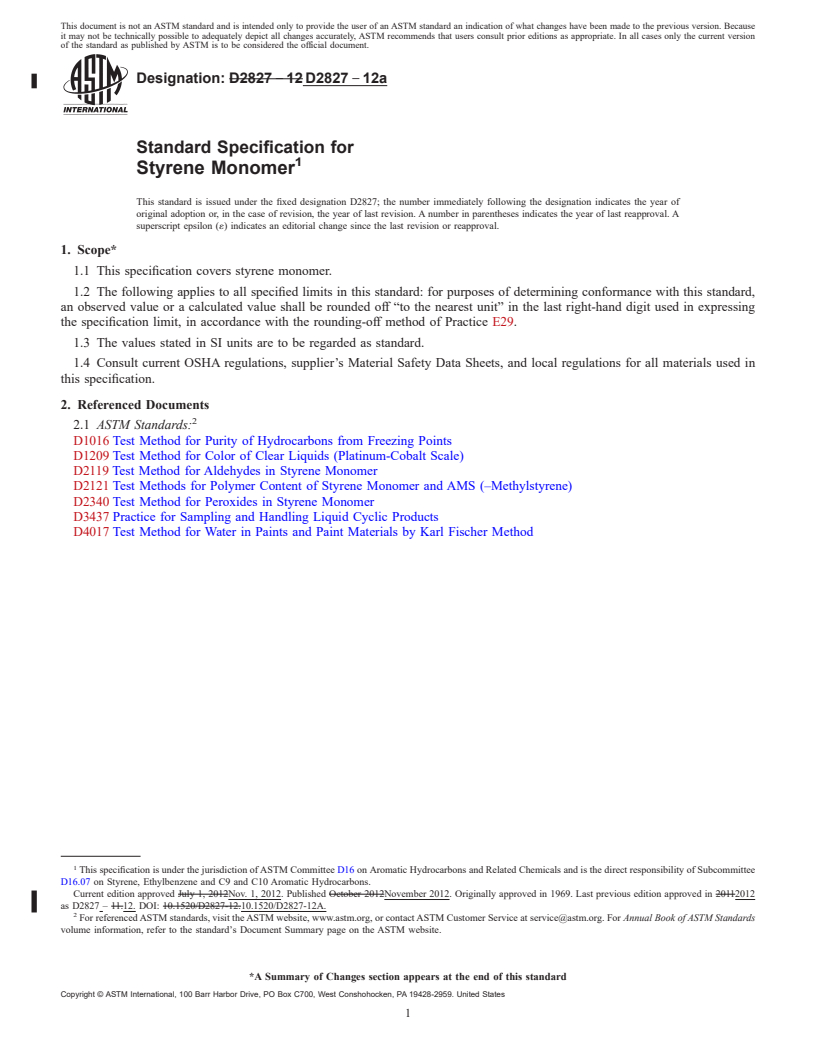 REDLINE ASTM D2827-12a - Standard Specification for Styrene Monomer