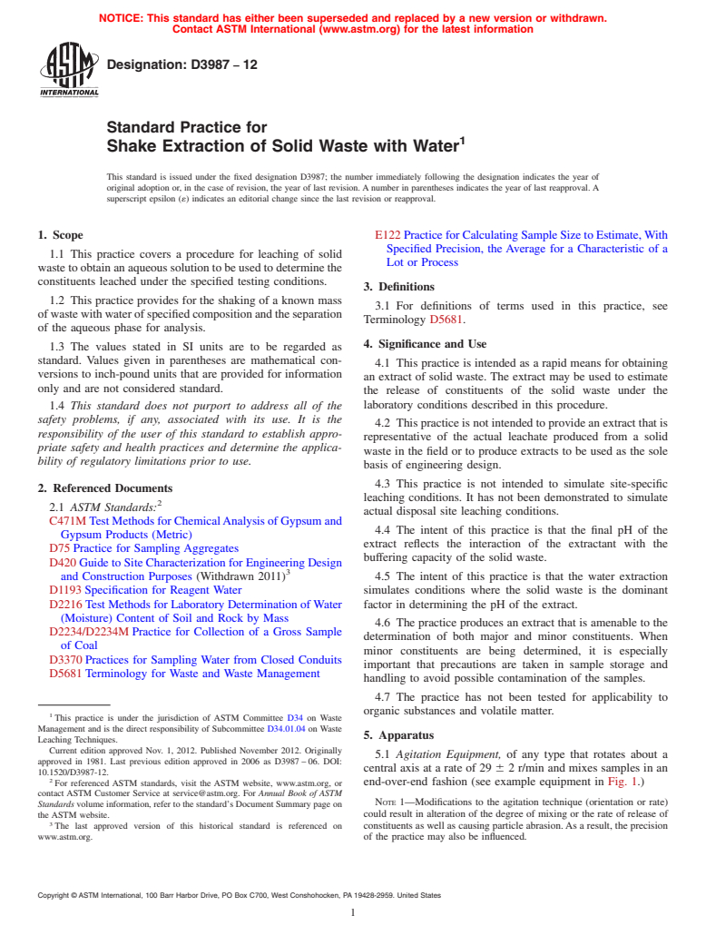 ASTM D3987-12 - Standard Practice for  Shake Extraction of Solid Waste with Water