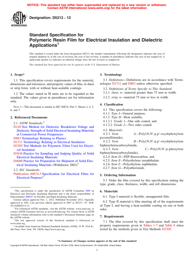 ASTM D5213-12 - Standard Specification for Polymeric Resin Film for Electrical Insulation and Dielectric Applications