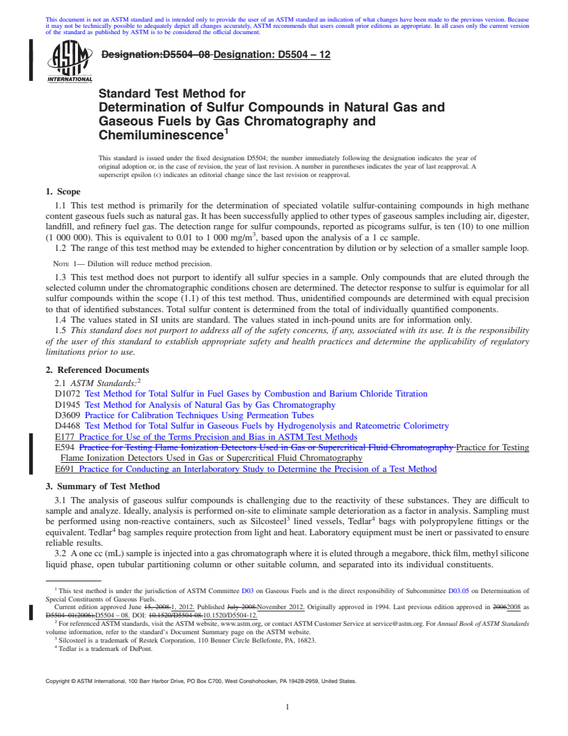 REDLINE ASTM D5504-12 - Standard Test Method for  Determination of Sulfur Compounds in Natural Gas and Gaseous Fuels by Gas Chromatography and Chemiluminescence