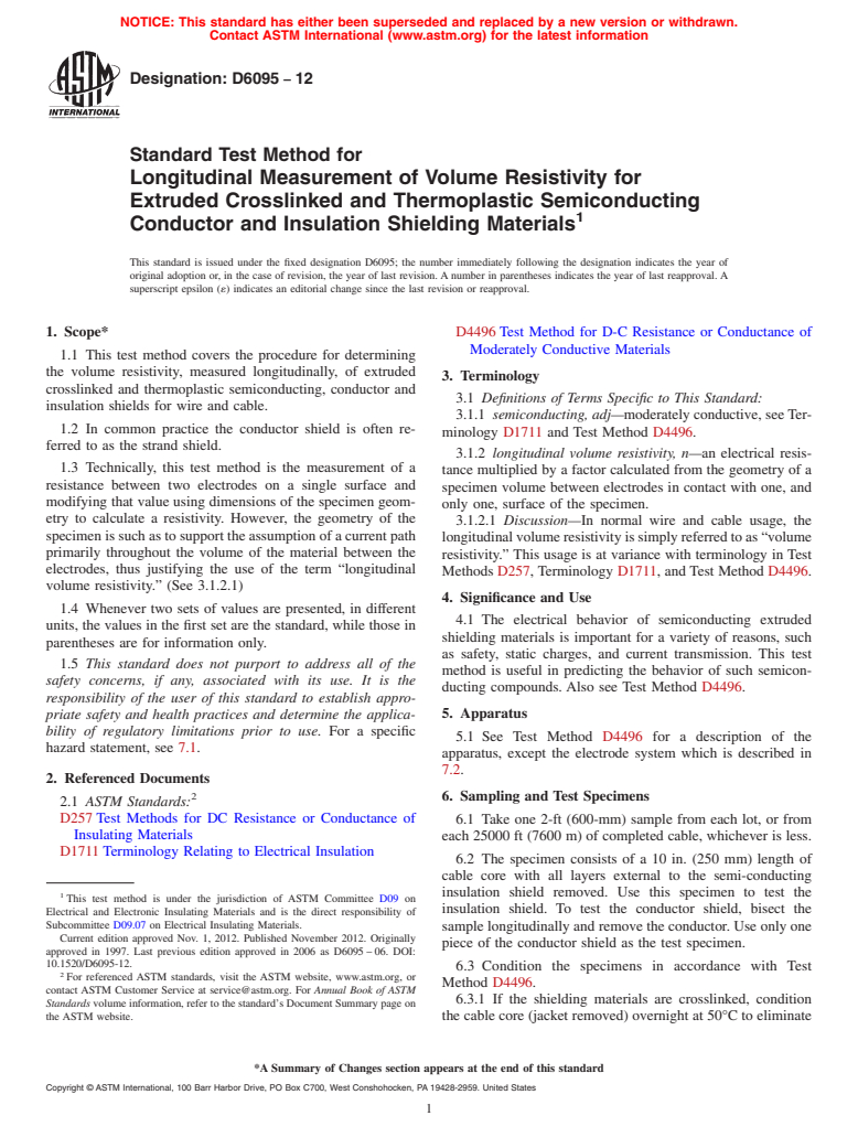 ASTM D6095-12 - Standard Test Method for  Longitudinal Measurement of Volume Resistivity for Extruded   Crosslinked and Thermoplastic Semiconducting Conductor and Insulation   Shielding Materials