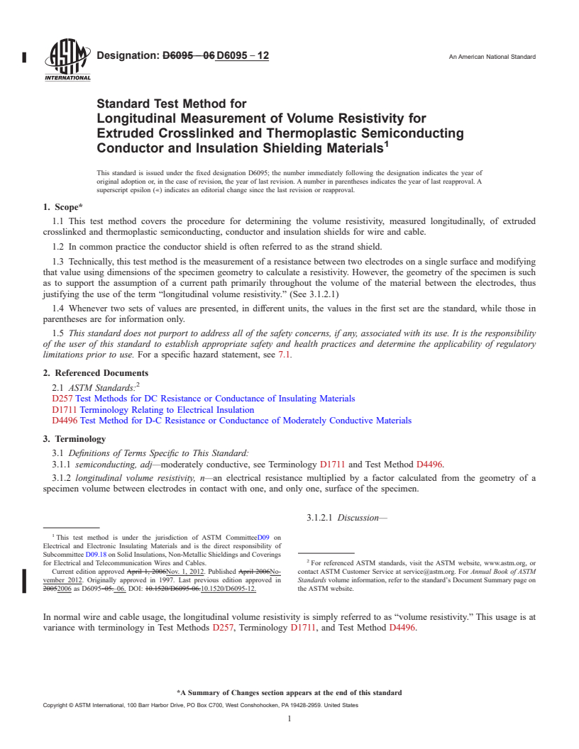 REDLINE ASTM D6095-12 - Standard Test Method for  Longitudinal Measurement of Volume Resistivity for Extruded   Crosslinked and Thermoplastic Semiconducting Conductor and Insulation   Shielding Materials