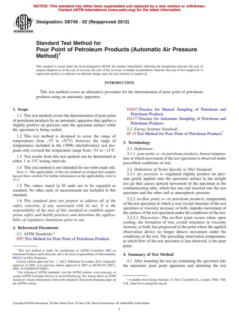 ASTM D6749-02(2012) - Standard Test Method for  Pour Point of Petroleum Products (Automatic Air Pressure Method)