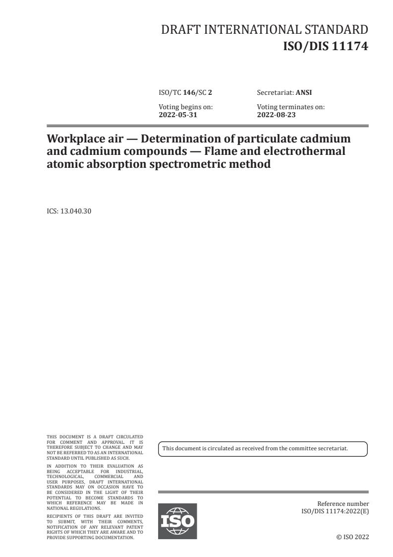 ISO/PRF 11174 - Workplace air — Determination of particulate cadmium and cadmium compounds — Flame and electrothermal atomic absorption spectrometric method
Released:4/5/2022