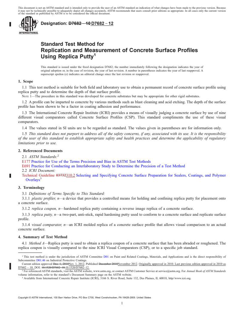 REDLINE ASTM D7682-12 - Standard Test Method for  Replication and Measurement of Concrete Surface Profiles Using   Replica Putty