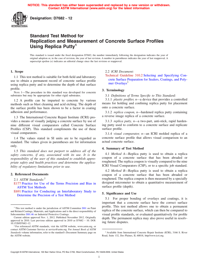 ASTM D7682-12 - Standard Test Method for  Replication and Measurement of Concrete Surface Profiles Using   Replica Putty