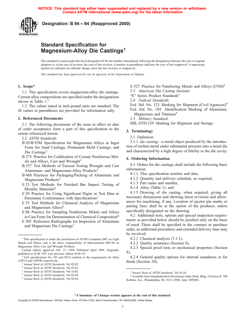 ASTM B94-94(2000) - Standard Specification for Magnesium-Alloy Die Castings