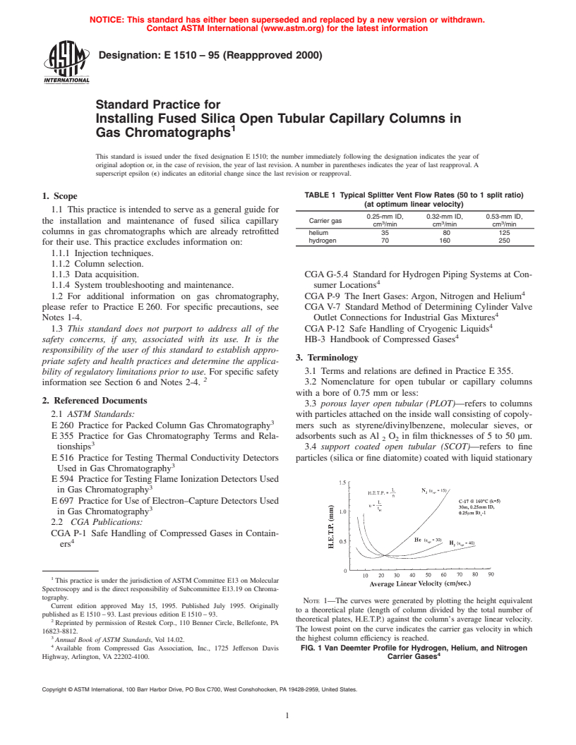 ASTM E1510-95(2000) - Standard Practice for Installing Fused Silica Open Tubular Capillary Columns in Gas Chromatographs