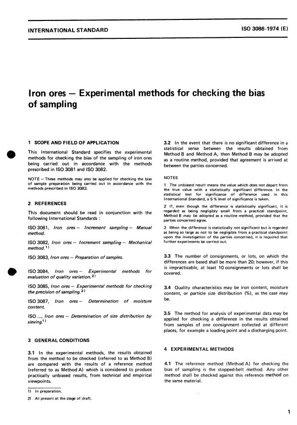 ISO 3086:1974 - Iron ores -- Experimental methods for checking the bias of sampling