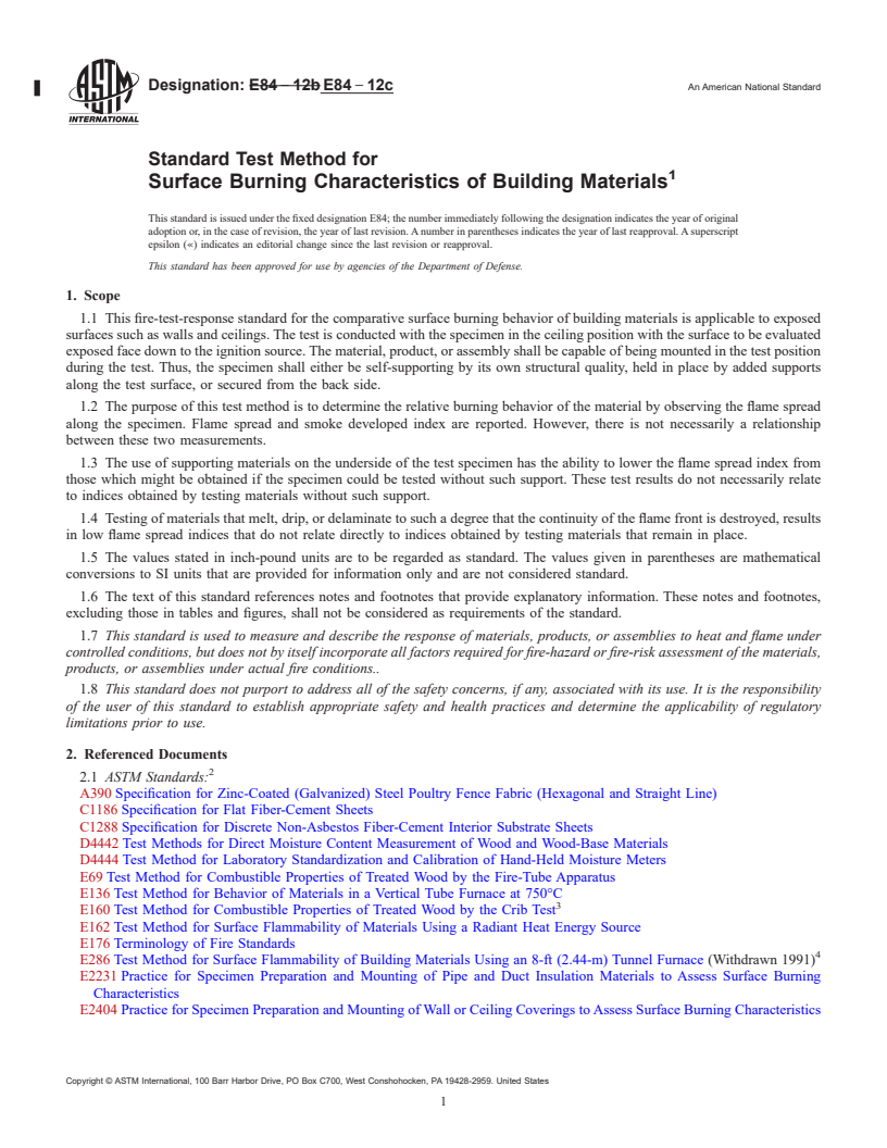 REDLINE ASTM E84-12c - Standard Test Method for  Surface Burning Characteristics of Building Materials