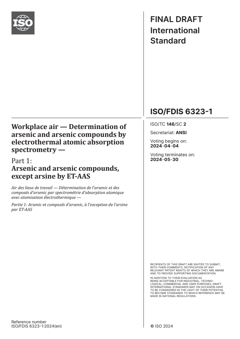 ISO/FDIS 6323-1 - Workplace air — Determination of arsenic and arsenic compounds by electrothermal atomic absorption spectrometry — Part 1: Arsenic and arsenic compounds, except arsine by ET-AAS
Released:21. 03. 2024
