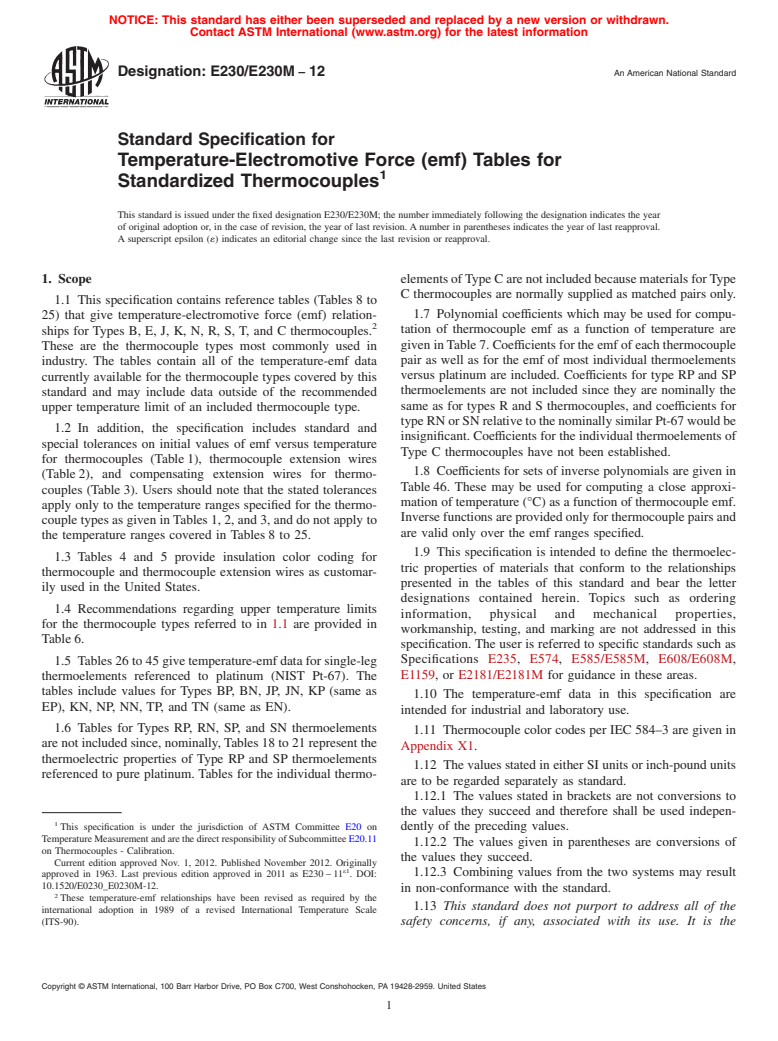 ASTM E230/E230M-12 - Standard Specification and Temperature-Electromotive Force (emf) Tables for Standardized Thermocouples