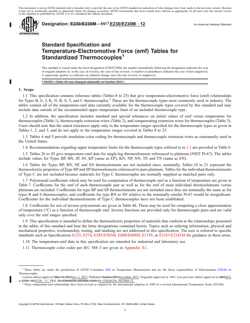 REDLINE ASTM E230/E230M-12 - Standard Specification and Temperature-Electromotive Force (emf) Tables for Standardized Thermocouples
