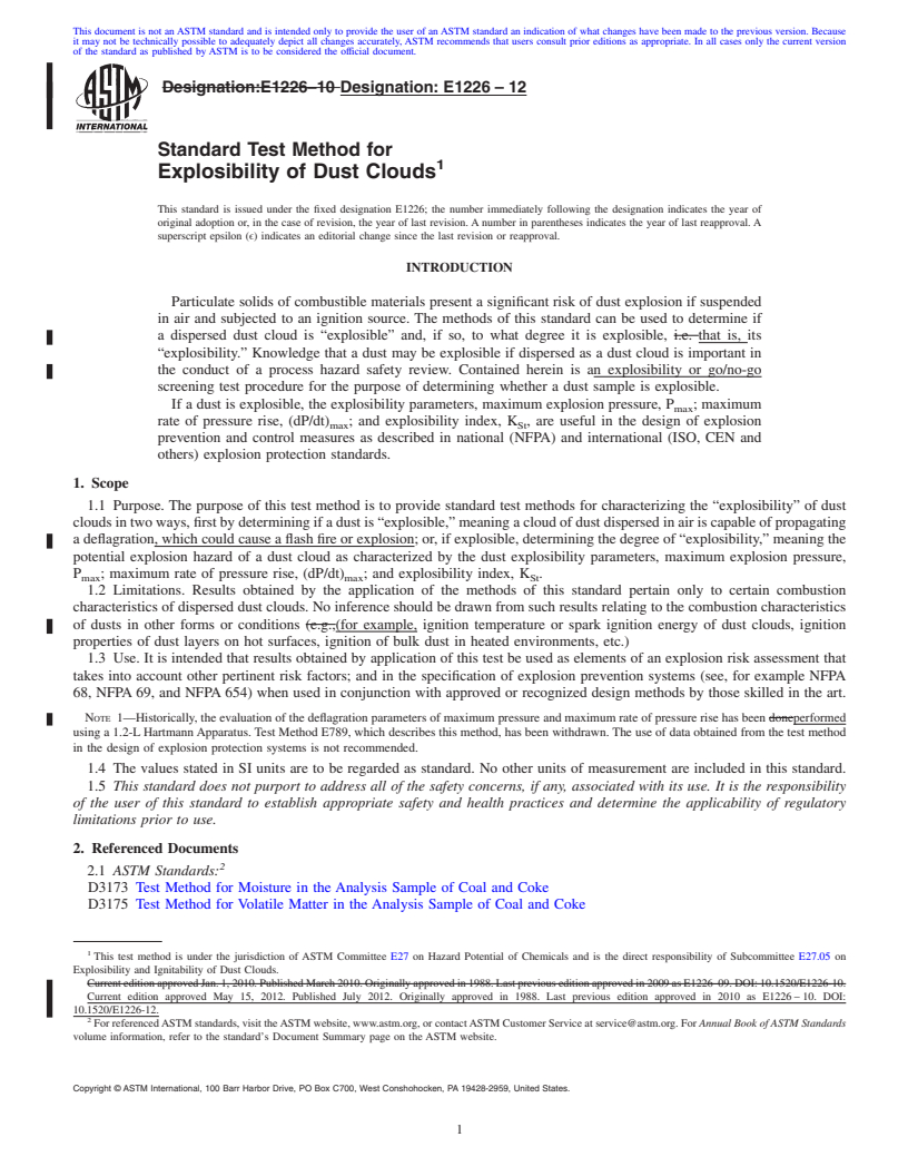 REDLINE ASTM E1226-12 - Standard Test Method for Explosibility of Dust Clouds