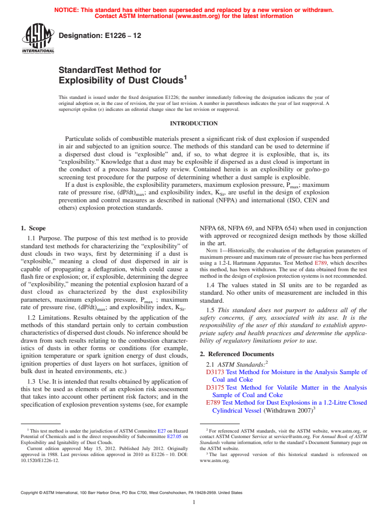 ASTM E1226-12 - Standard Test Method for Explosibility of Dust Clouds