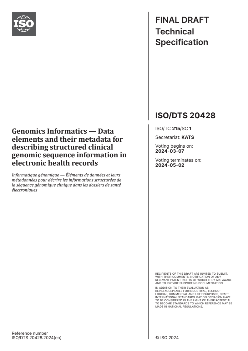 ISO/DTS 20428 - Genomics Informatics — Data elements and their metadata for describing structured clinical genomic sequence information in electronic health records
Released:22. 02. 2024