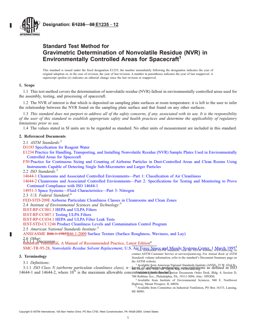 REDLINE ASTM E1235-12 - Standard Test Method for  Gravimetric Determination of Nonvolatile Residue (NVR) in Environmentally  Controlled Areas for Spacecraft