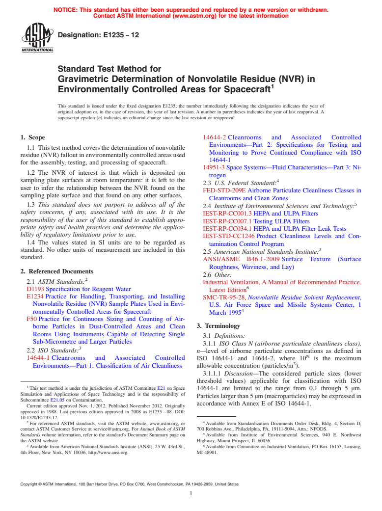 ASTM E1235-12 - Standard Test Method for  Gravimetric Determination of Nonvolatile Residue (NVR) in Environmentally  Controlled Areas for Spacecraft