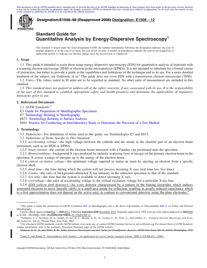 REDLINE ASTM E1508-12 - Standard Guide for Quantitative Analysis by Energy-Dispersive Spectroscopy