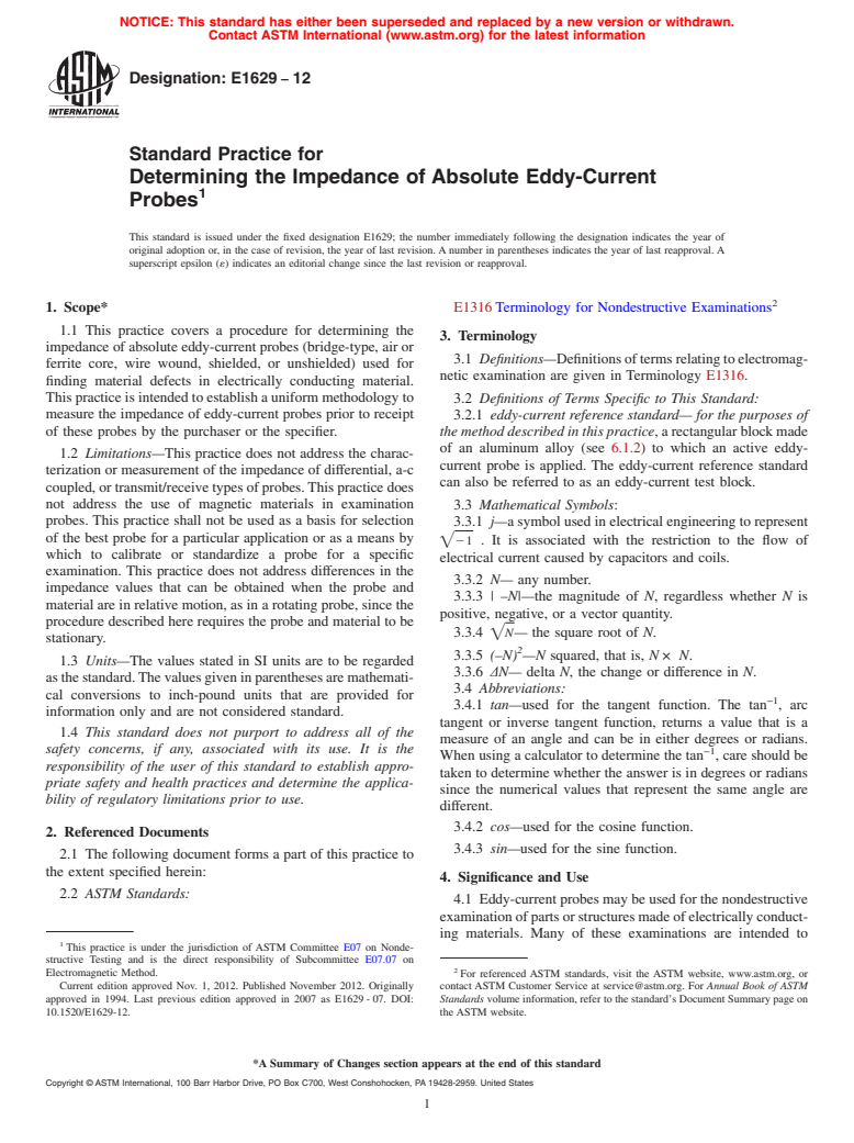 ASTM E1629-12 - Standard Practice for  Determining the Impedance of Absolute Eddy-Current Probes