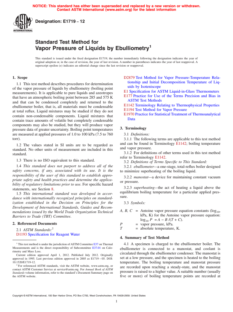 ASTM E1719-12 - Standard Test Method for  Vapor Pressure of Liquids by Ebulliometry