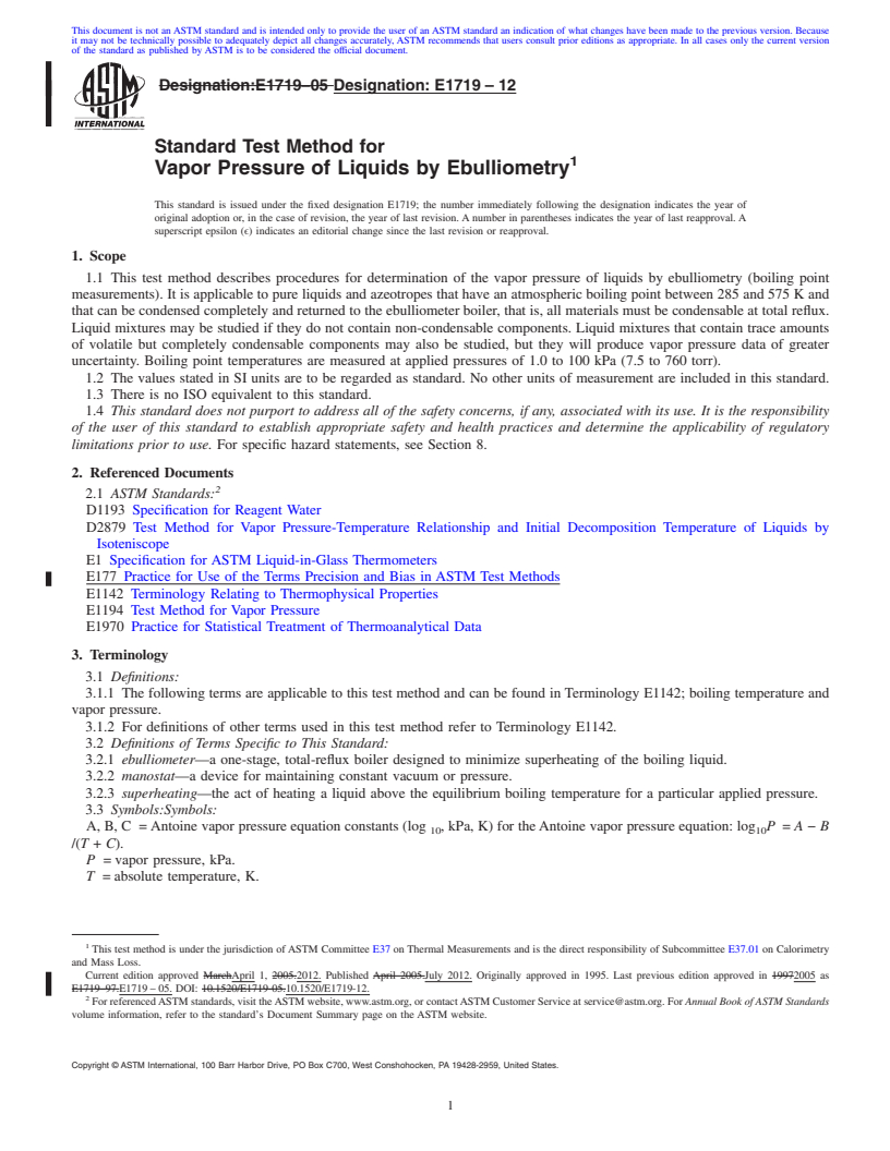 REDLINE ASTM E1719-12 - Standard Test Method for  Vapor Pressure of Liquids by Ebulliometry