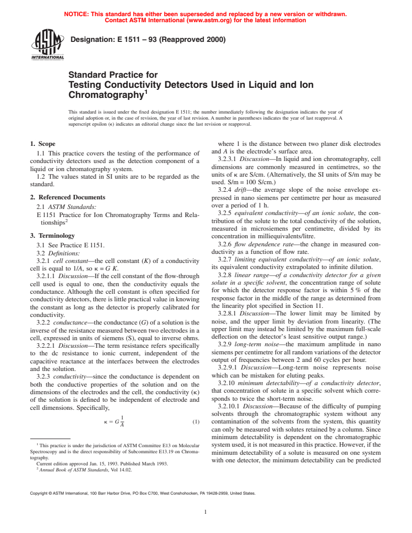 ASTM E1511-93(2000) - Standard Practice for Testing Conductivity Detectors Used in Liquid and Ion Chromatography