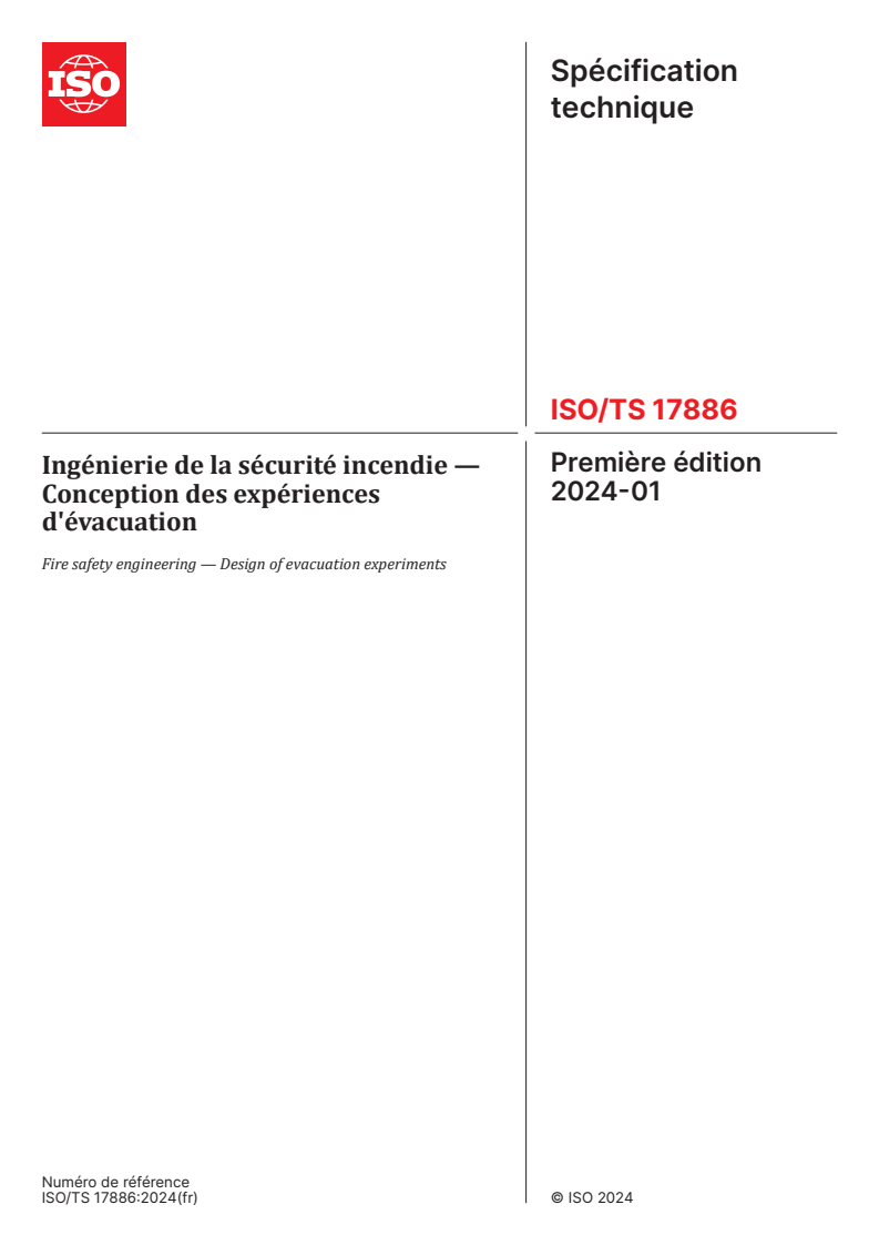 ISO/TS 17886:2024 - Ingénierie de la sécurité incendie — Conception des expériences d'évacuation
Released:4. 01. 2024