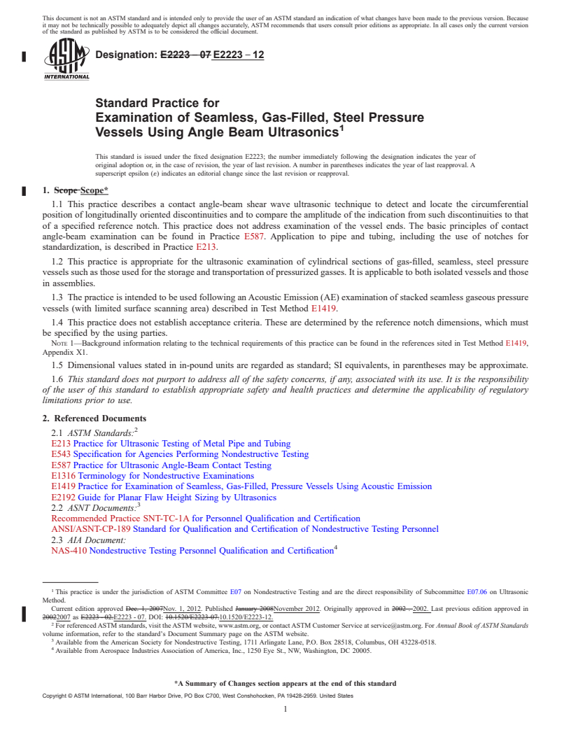 REDLINE ASTM E2223-12 - Standard Practice for  Examination of Seamless, Gas-Filled, Steel Pressure Vessels  Using Angle Beam Ultrasonics