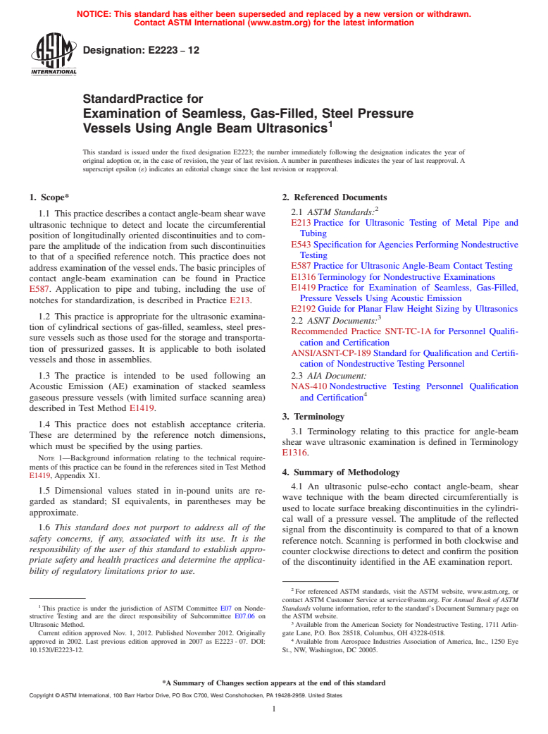 ASTM E2223-12 - Standard Practice for  Examination of Seamless, Gas-Filled, Steel Pressure Vessels  Using Angle Beam Ultrasonics