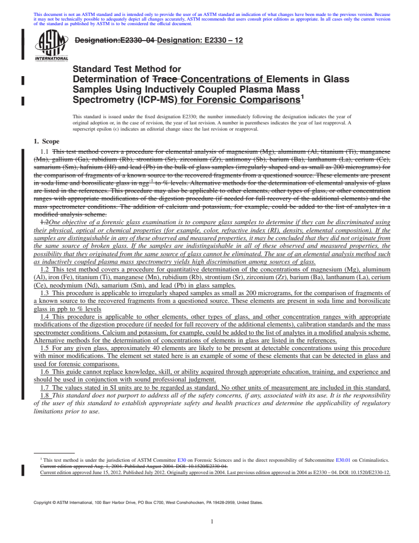 REDLINE ASTM E2330-12 - Standard Test Method for Determination of Concentrations of Elements in Glass Samples Using Inductively Coupled Plasma Mass Spectrometry (ICP-MS) for Forensic Comparisons