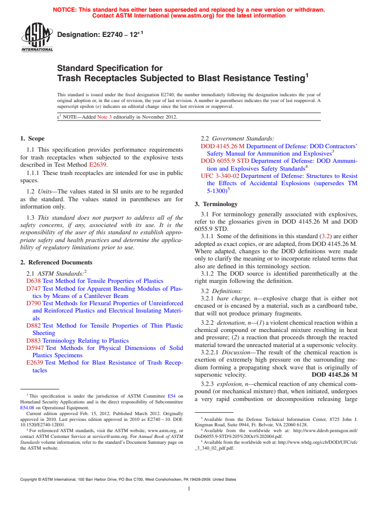 ASTM E2740-12e1 - Standard Specification for Trash Receptacles Subjected to Blast Resistance Testing