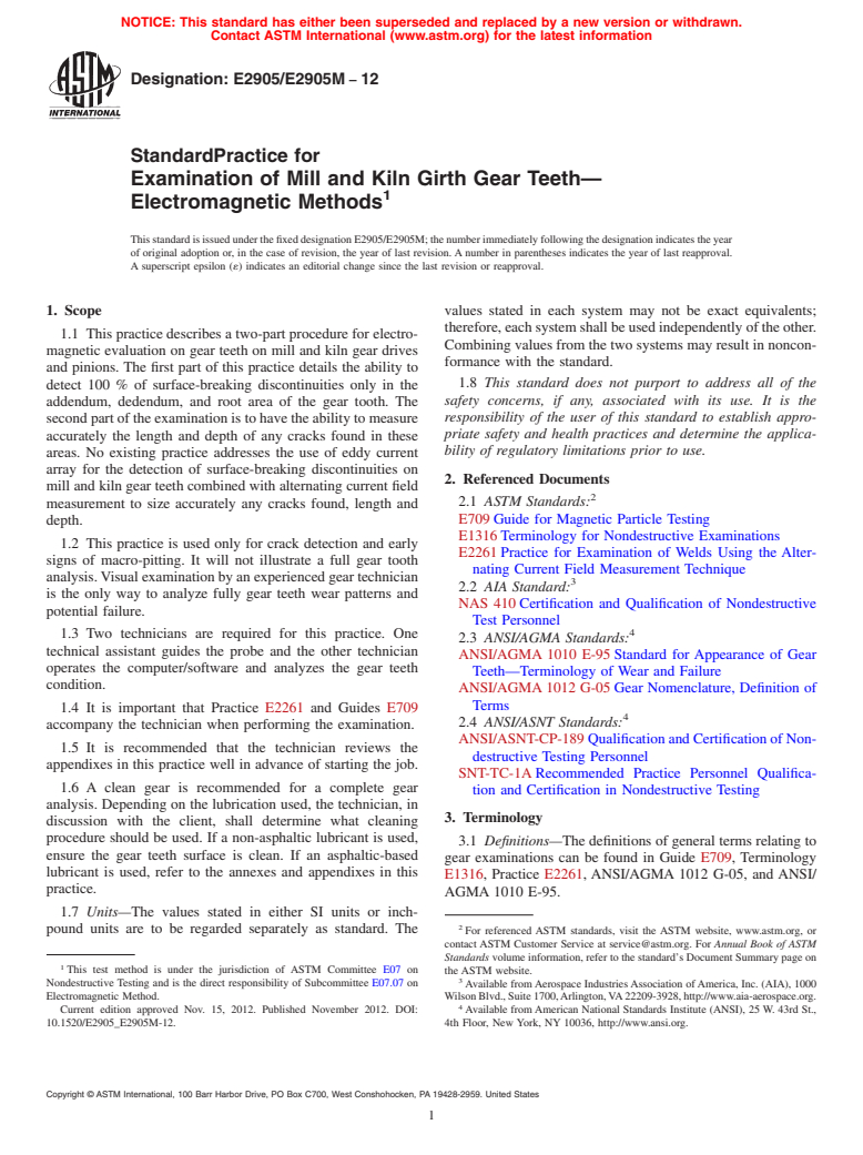 ASTM E2905/E2905M-12 - Standard Practice for Examination of Mill and Kiln Girth Gear Teeth&mdash;Electromagnetic  Methods