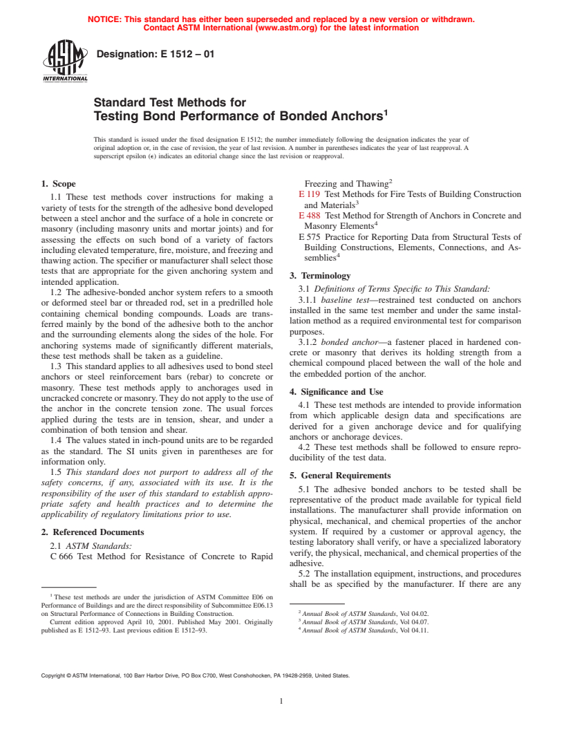 ASTM E1512-01 - Standard Test Methods for Testing Bond Performance of Bonded Anchors