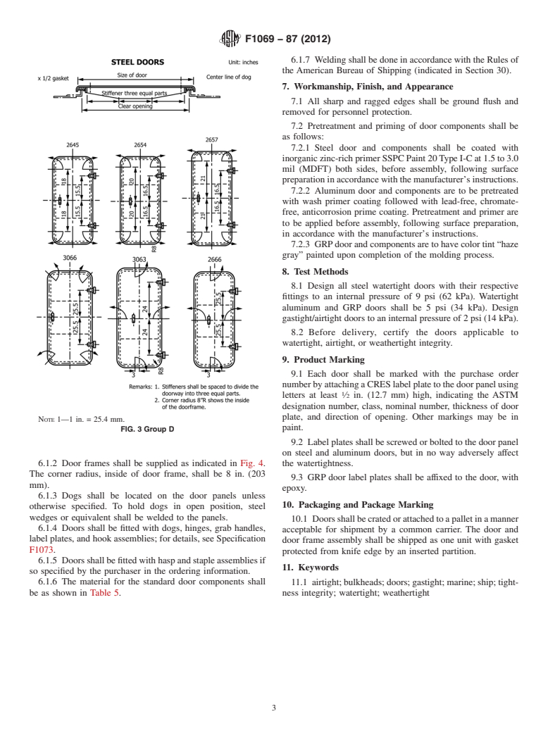 ASTM F1069-87(2012) - Standard Specification for  Doors, Watertight, Gastight/Airtight and Weathertight, Individually  Dogged, for Marine Use