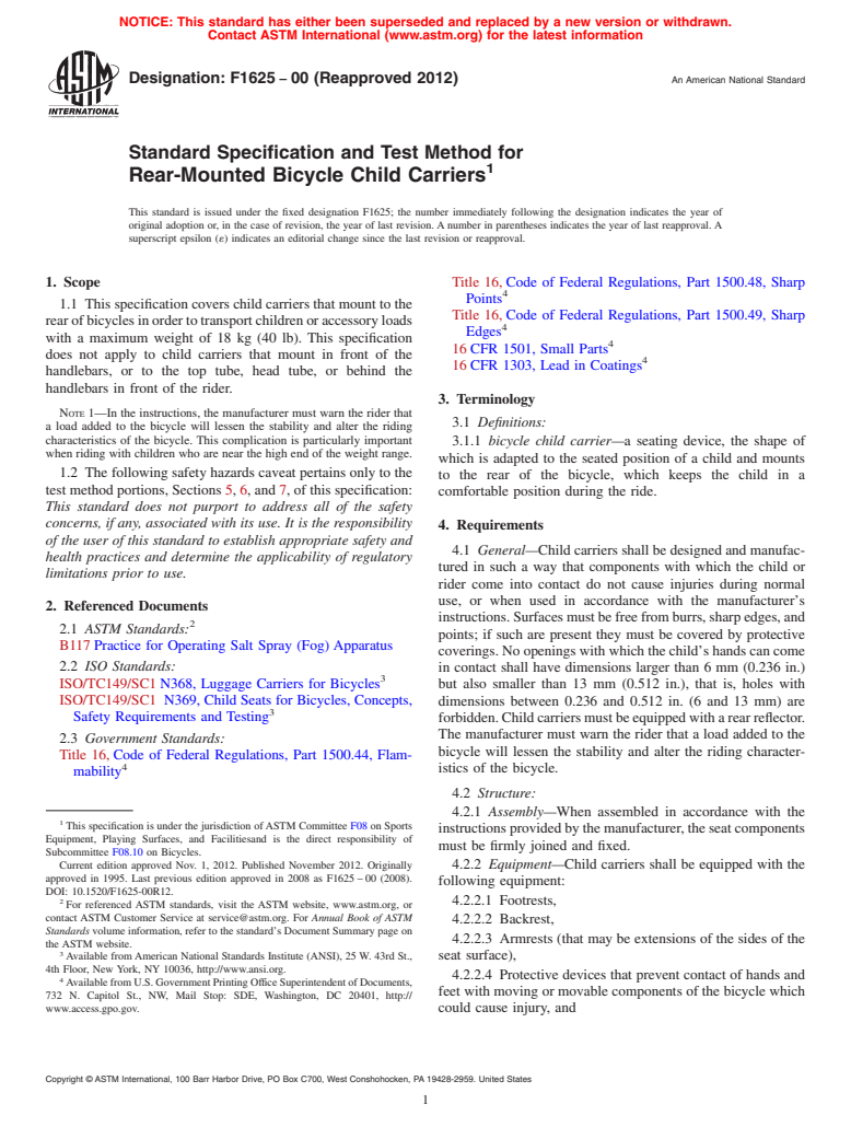 ASTM F1625-00(2012) - Standard Specification and Test Method for Rear-Mounted Bicycle Child Carriers