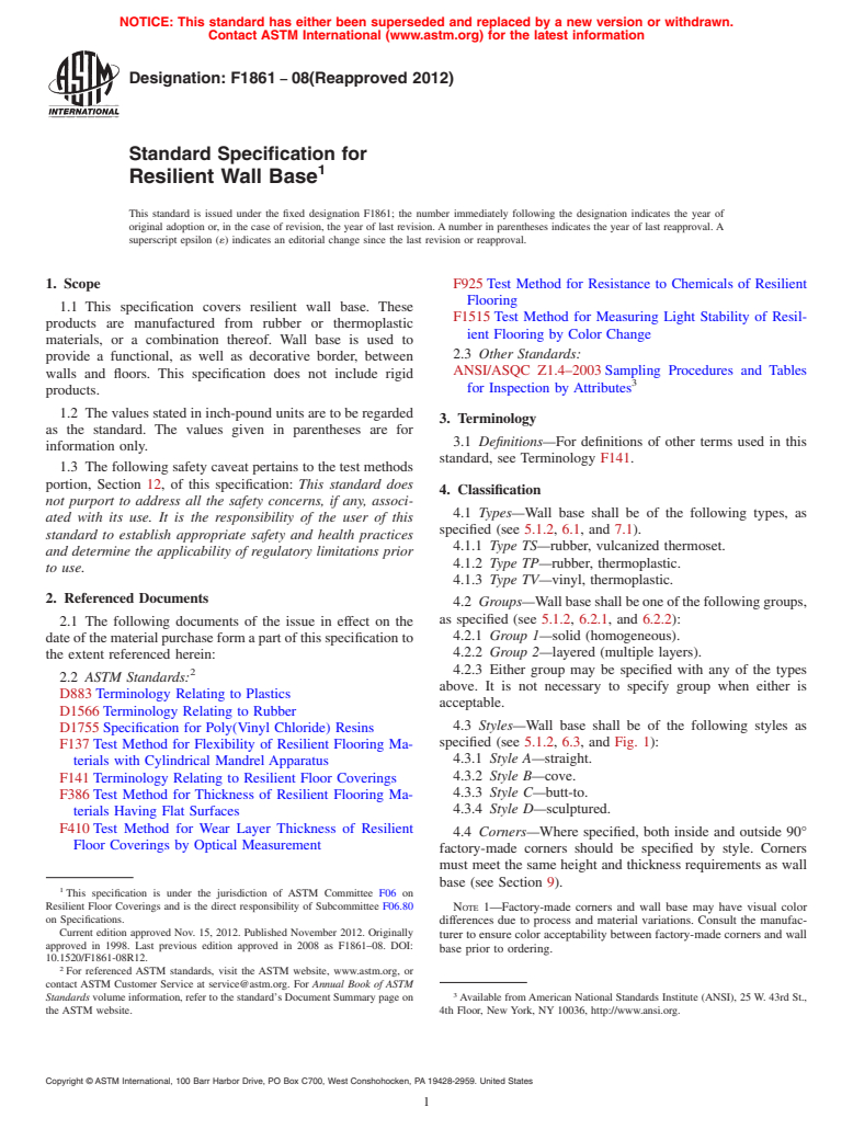 ASTM F1861-08(2012) - Standard Specification for  Resilient Wall Base