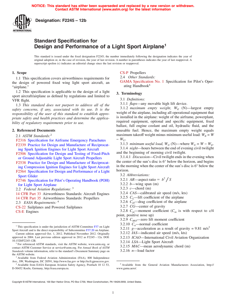 ASTM F2245-12b - Standard Specification for Design and Performance of a Light Sport Airplane