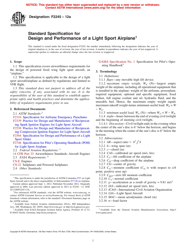 ASTM F2245-12a - Standard Specification for Design and Performance of a Light Sport Airplane