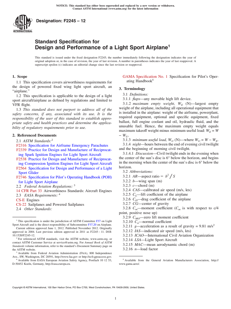 ASTM F2245-12 - Standard Specification for Design and Performance of a Light Sport Airplane
