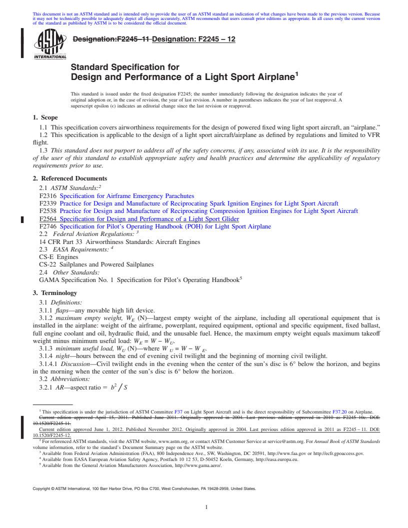 REDLINE ASTM F2245-12 - Standard Specification for Design and Performance of a Light Sport Airplane