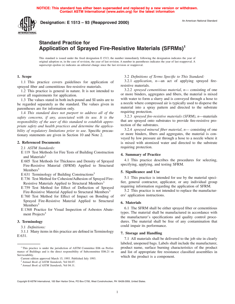 ASTM E1513-93(2000) - Standard Practice for Application of Sprayed Fire-Resistive Materials (SFRMs)