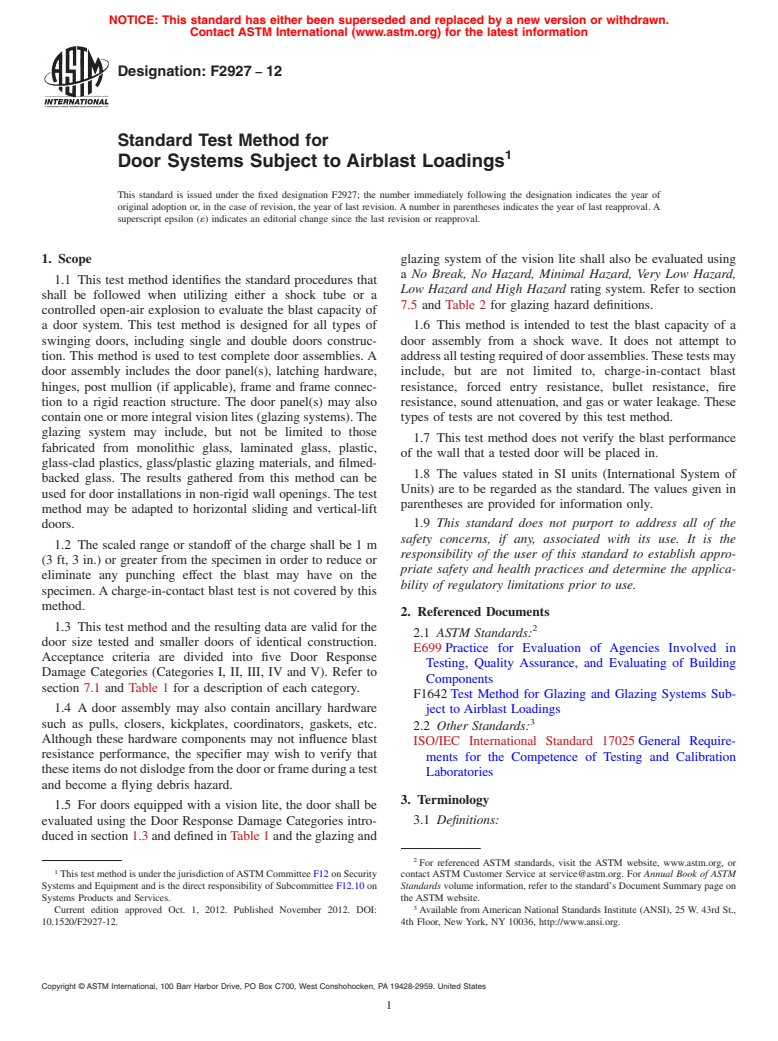 ASTM F2927-12 - Standard Test Method for Door Systems Subject to Airblast Loadings (Withdrawn 2021)