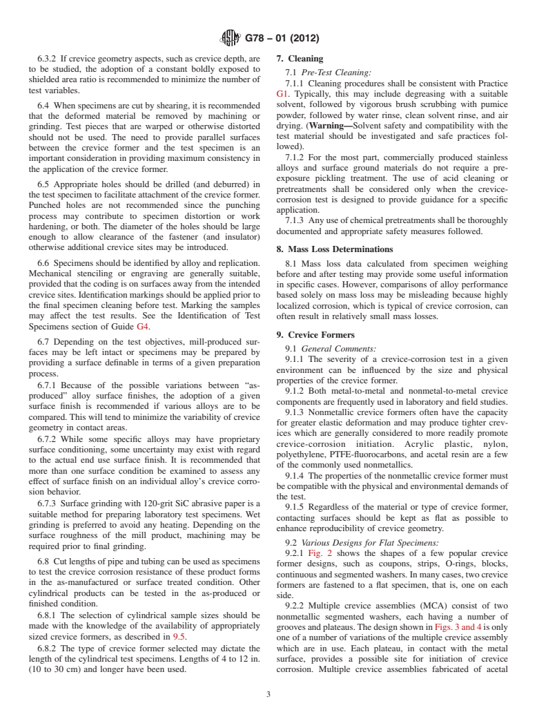 ASTM G78-01(2012) - Standard Guide for  Crevice Corrosion Testing of Iron-Base and Nickel-Base Stainless  Alloys in Seawater and Other Chloride-Containing Aqueous Environments