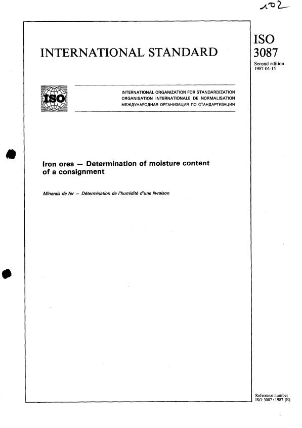 ISO 3087:1987 - Iron ores -- Determination of moisture content of a consignment