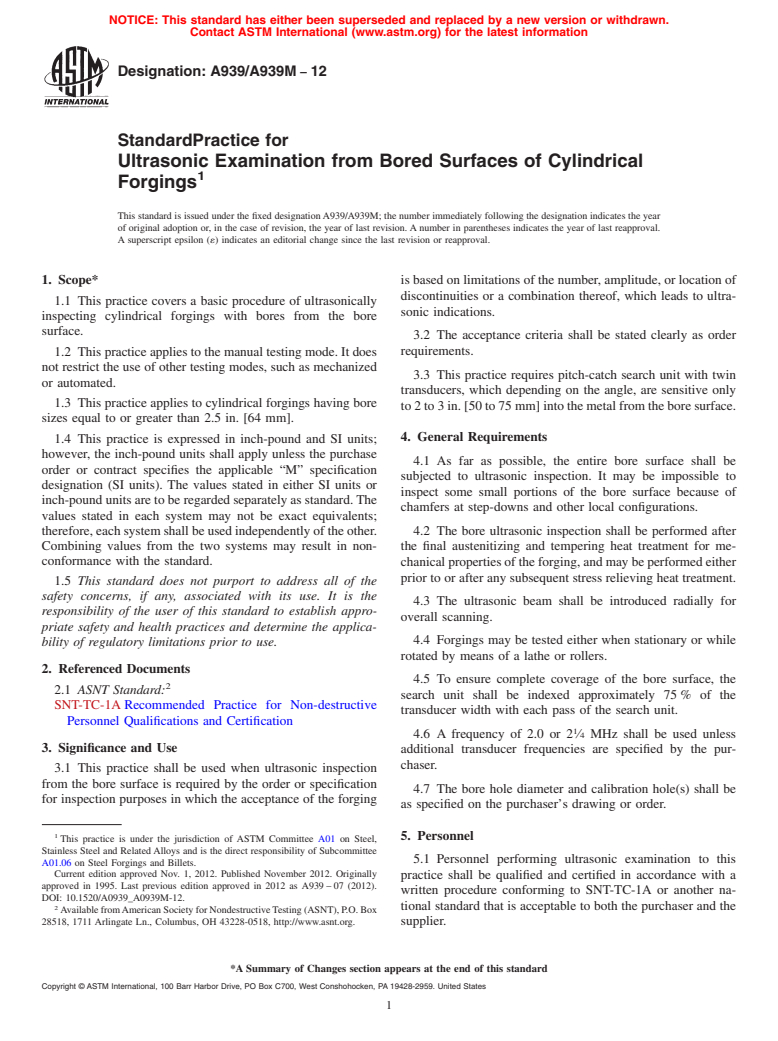 ASTM A939/A939M-12 - Standard Practice for  Ultrasonic Examination from Bored Surfaces of Cylindrical Forgings